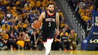 Houston Rockets guard Fred VanVleet (5) dribbles against the Golden State Warriors during the fourth quarter of game three of first round for the 2024 NBA Playoffs at Chase Center.