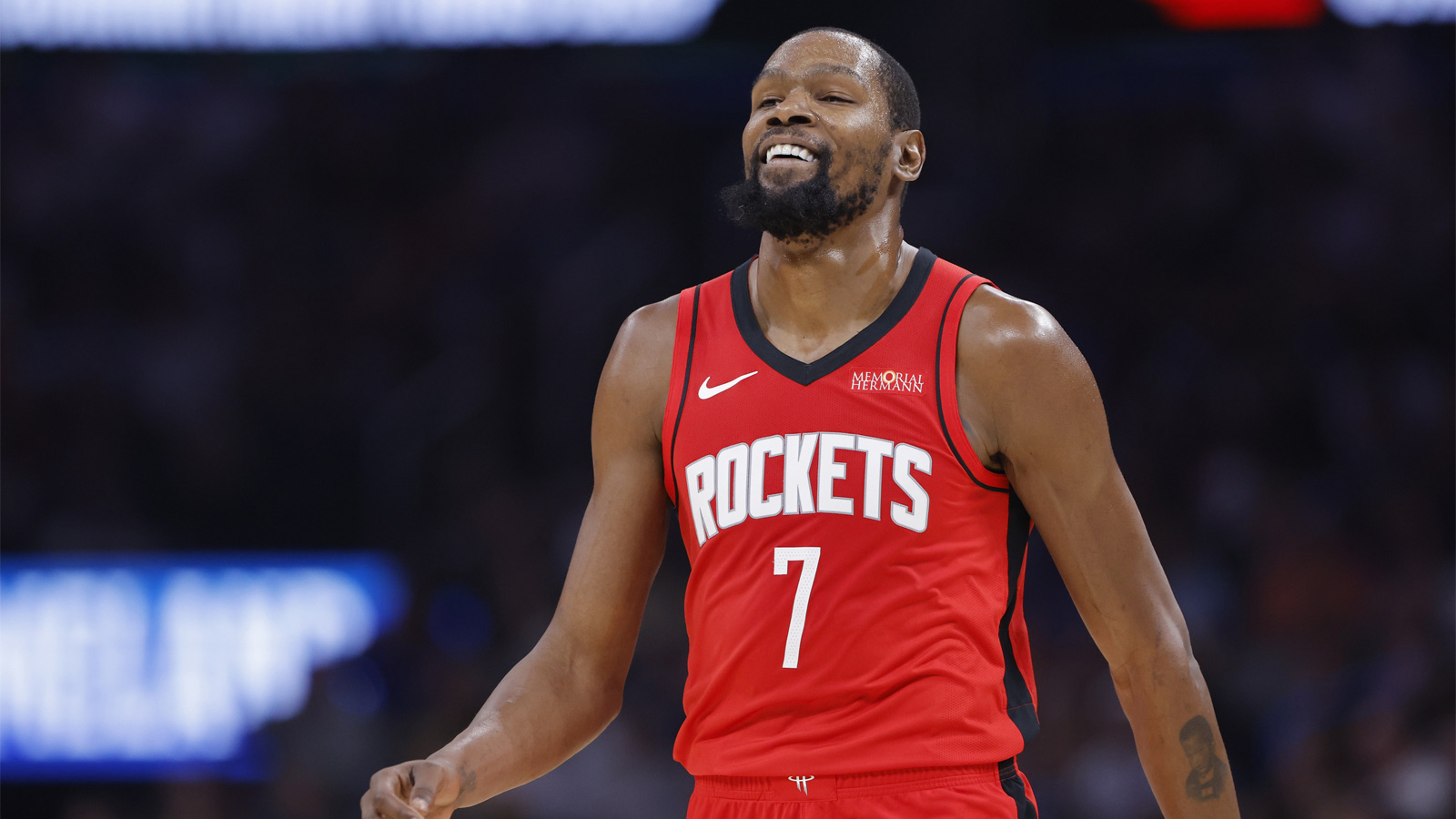 Rockets forward Kevin Durant (7) smiles after a play against the Oklahoma City Thunder during the first half at Paycom Center