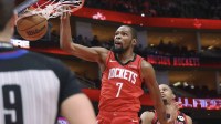 Houston Rockets forward Kevin Durant (7) dunks the ball during the fourth quarter against the Chicago Bulls at Toyota Center.