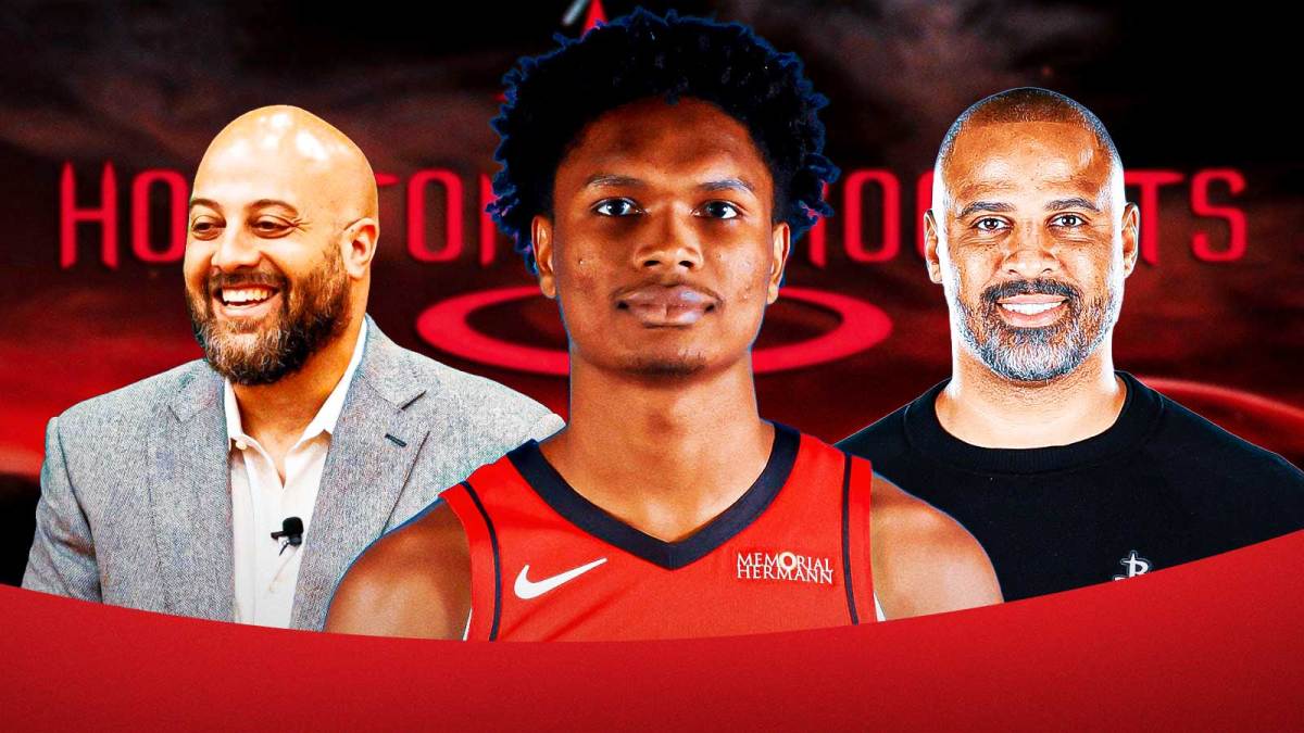 Amen Thompson in the middle, Coach Ime Udoka and GM Rafael Stone around him, Houston Rockets wallpaper in the background