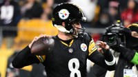 Pittsburgh Steelers quarterback Aaron Rodgers (8) warms up before an AFC Wild Card Round game against the Houston Texans at Acrisure Stadium.