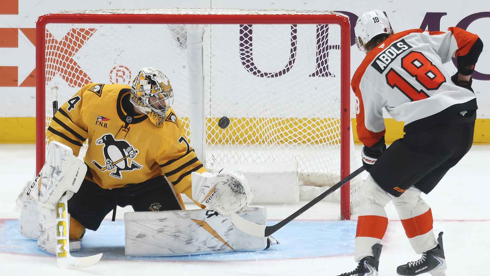 Philadelphia Flyers center Rodrigo Abols (18) against the Vancouver Canucks at Xfinity Mobile Arena.