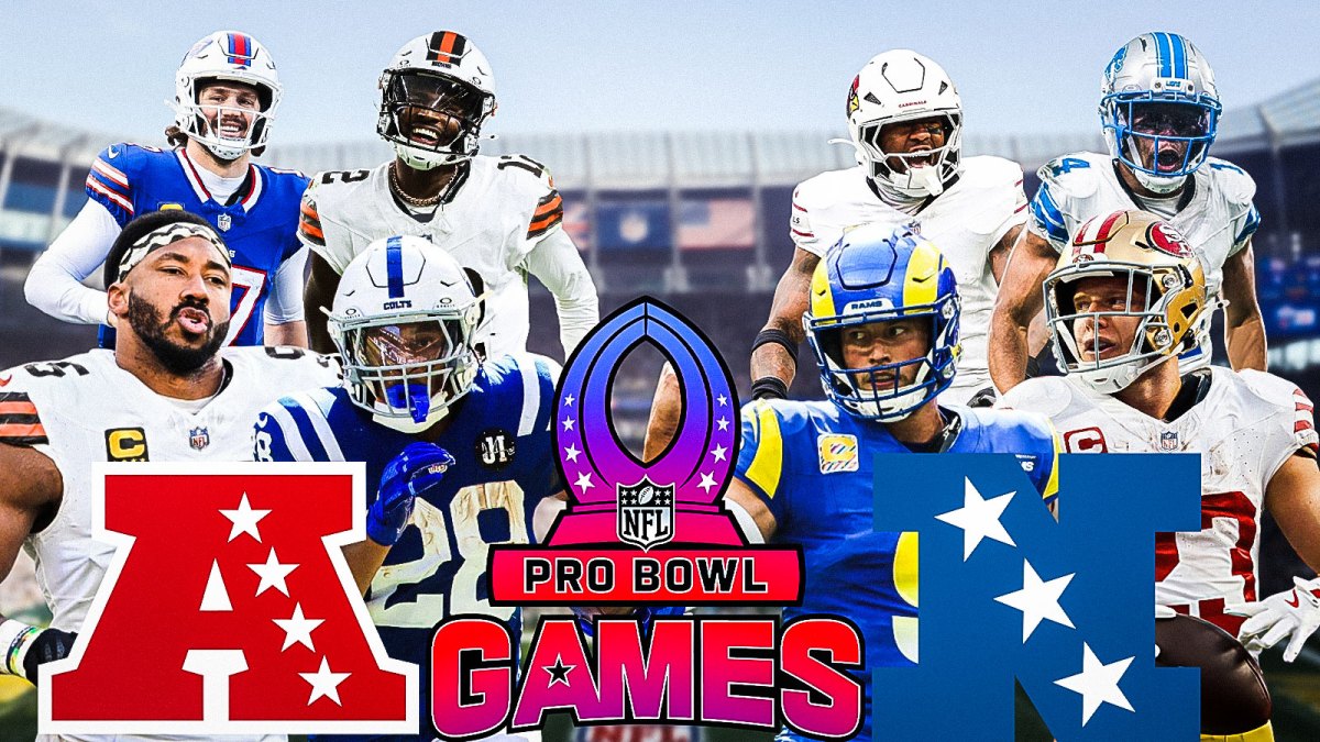 Josh Allen, Shedeur Sanders, Myles Garrett, Jonathan Taylor on one side. In front of them is AFC logo. On other side is Matthew Stafford, Christian McCaffrey, Budda Baker, Amon-Ra St. Brown with NFC logo in front of them. Front and center is 2026 Pro Bowl logo.