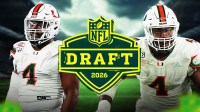 NFL Draft logo in the middle, 2 pictures of Miami EDGE Rueben Bain Jr.