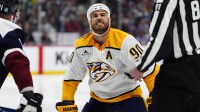 Nashville Predators center Ryan O'Reilly (90) reacts to getting kicked out of the face-off in the third period against the Nashville Predators at Ball Arena.