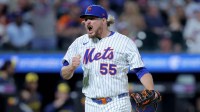 New York Mets relief pitcher Ryne Stanek (55) reacts during the eighth inning against the Milwaukee Brewers at Citi Field.
