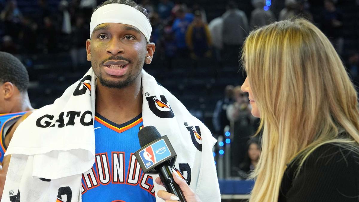 Oklahoma City Thunder guard Shai Gilgeous-Alexander (left) is interviewed after defeating the Golden State Warriors at Chase Center.