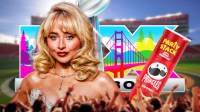 Sabrina Carpenter with Super Bowl 60 logo and a can of Pringles with Levi's Stadium background.
