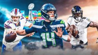 Josh Allen (left), Sam Darnold (middle), Lamar Jackson (right), Super Bowl 60 logo in background