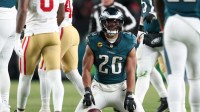 Philadelphia Eagles running back Saquon Barkley (26) reacts after a play against the San Francisco 49ers during the second quarter in an NFC Wild Card Round game at Lincoln Financial Field.