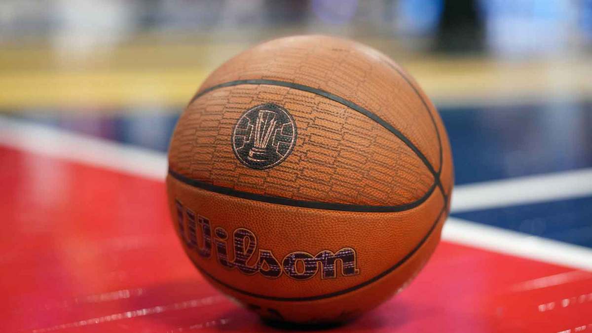 Oct 31, 2025; Inglewood, California, USA; A Wilson official game ball with the NBA in-season tournament logo at Intuit Dome. Mandatory Credit: Kirby Lee-Imagn Images
