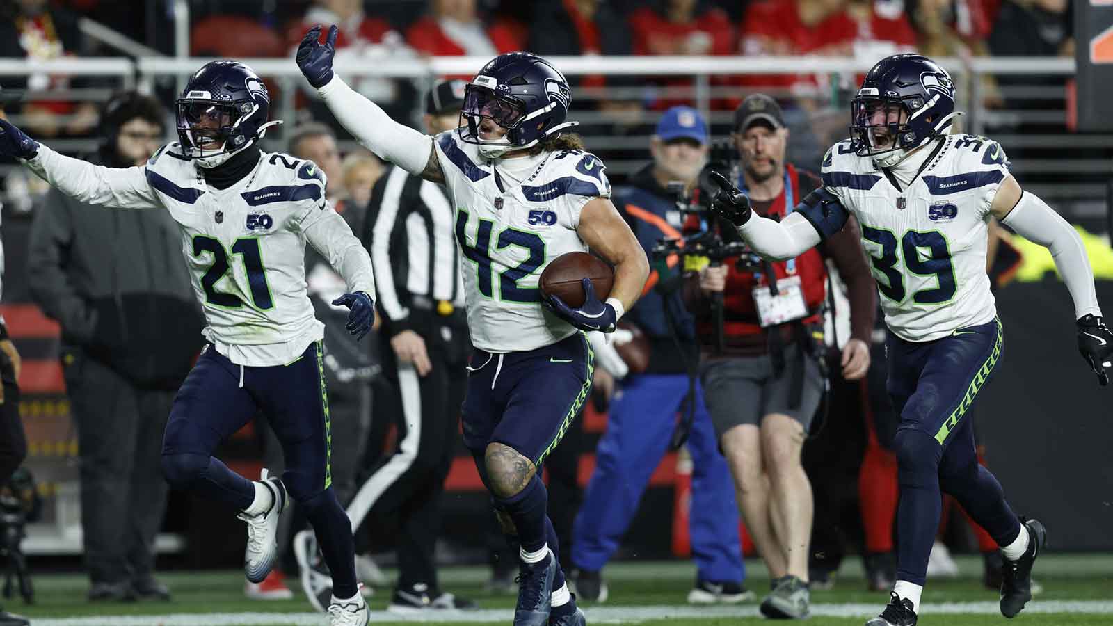 Seattle Seahawks linebacker Drake Thomas (42) reacts after an interception against the San Francisco 49ers during the second half at Levi's Stadium.