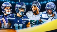 Sam Darnold, Jaxon Smith-Njigba, Leonard Williams, Ernest Jones IV all beside each other, Seahawks wallpaper in the background