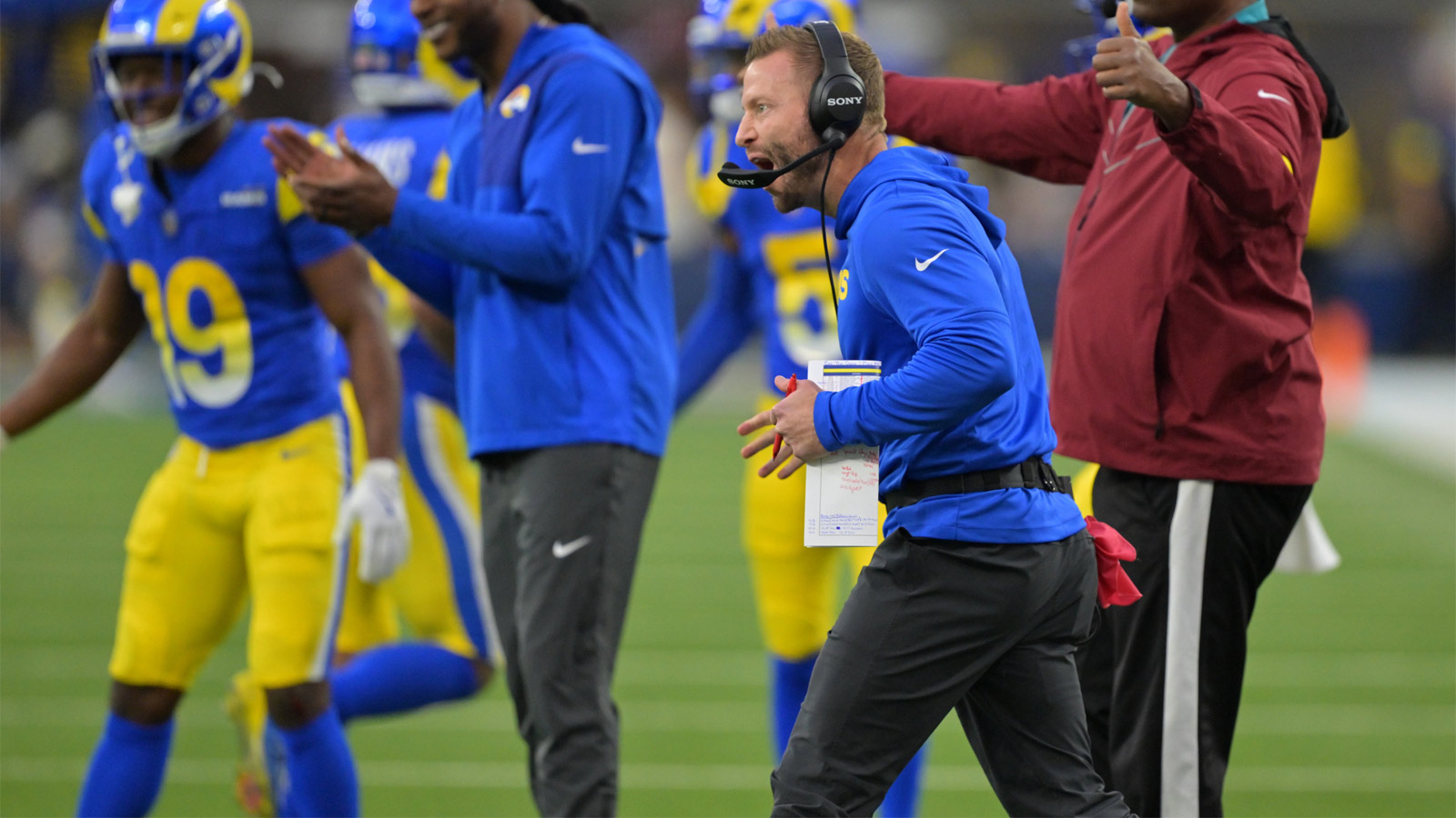 Los Angeles Rams head coach Sean McVay reacts after a touchdown against the Arizona Cardinals during the second half at SoFi Stadium.