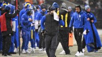 Los Angeles Rams head coach Sean McVay watches game play against the Chicago Bears during the second quarter of an NFC Divisional Round game at Soldier Field.
