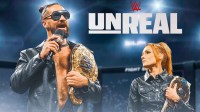 WWE stars Seth Rollins and Becky Lynch with Unreal Season 2 logo.