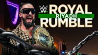 WWE Superstar Seth Rollins with Royal Rumble logo and Riyadh, Saudi Arabia background.