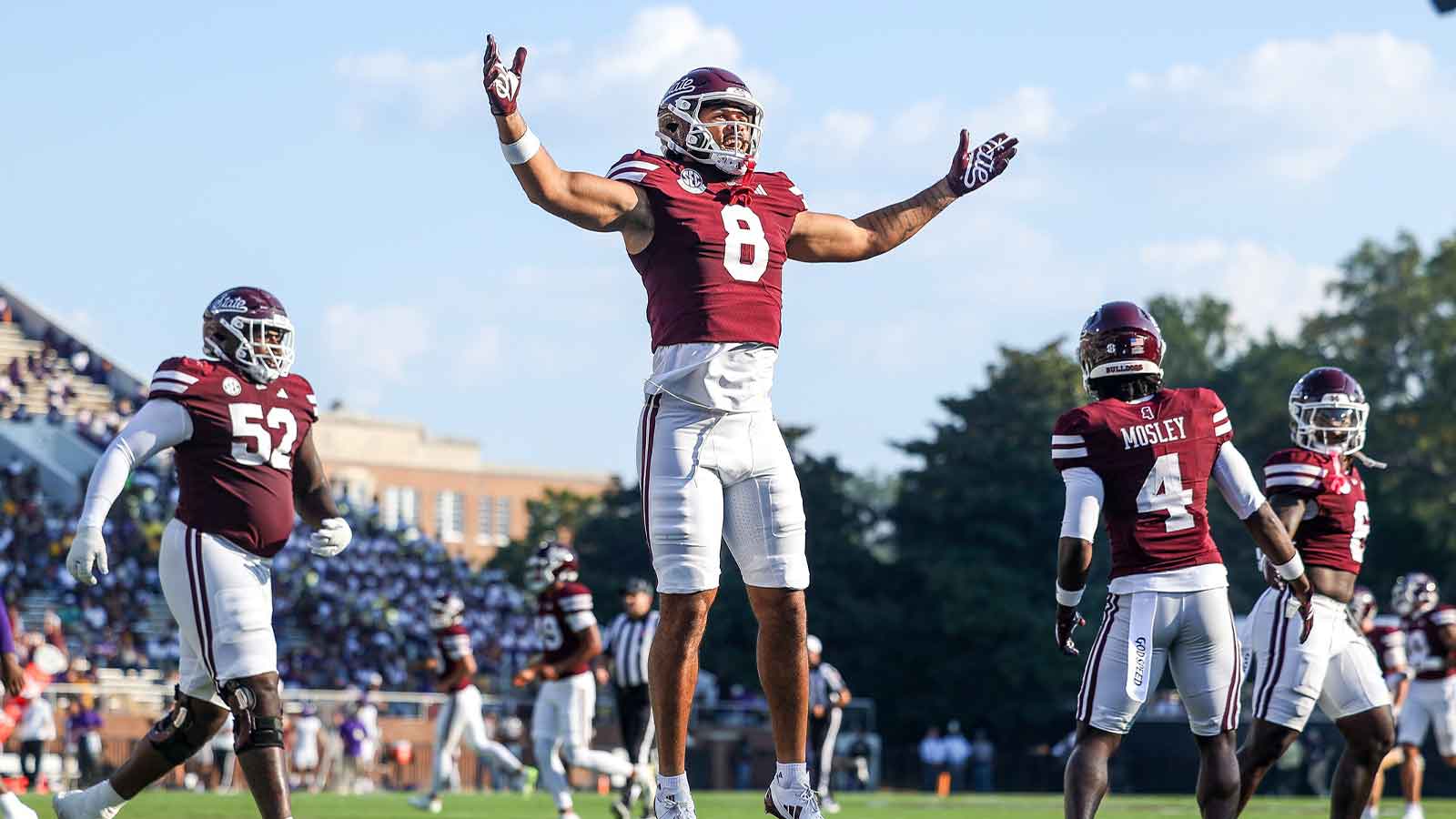 Mississippi State Bulldogs tight end Seydou Traore (8) celebrates after a touchdown against the Alcorn State Braves during the first quarter at Davis Wade Stadium at Scott Field.