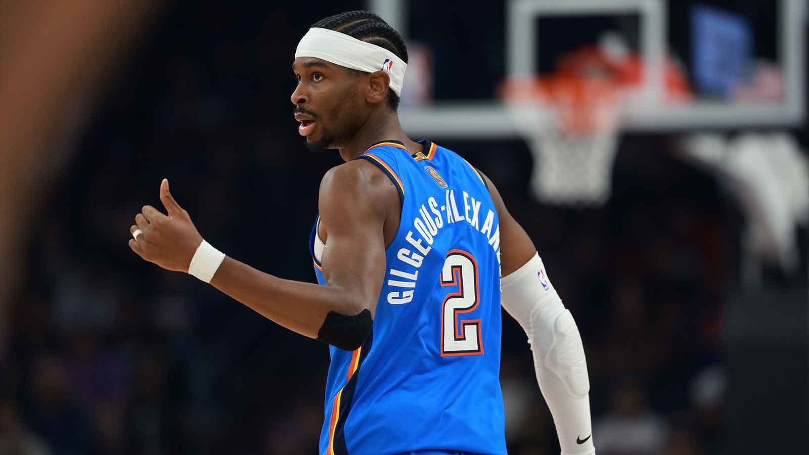 Detailed view of the jersey of Oklahoma City Thunder guard Shai Gilgeous-Alexander (2) against the Phoenix Suns at Mortgage Matchup Center. 