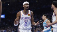 Oklahoma City Thunder guard Shai Gilgeous-Alexander (2) reacts after an official call following a play against the Charlotte Hornets during the second half at Paycom Center.
