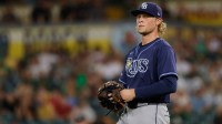Tampa Bay Rays pitcher Shane Baz (11) reacts after giving up a run during the fourth inning against the Athletics at Sutter Health Park.