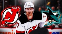 Dougie Hamilton with Devils. Sharks logo next to him