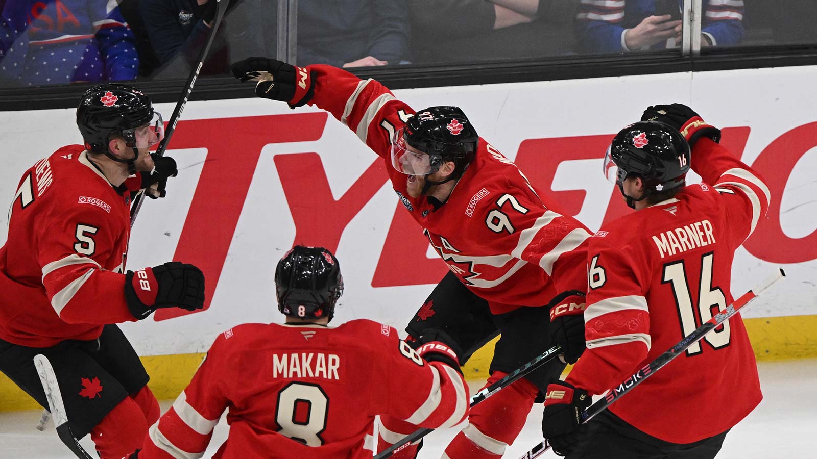 Imagn Images direct customers only] Team Canada forward Connor McDavid (97) celebrates scoring in overtime to win with defenseman Devon Toews (5) and defenseman Cale Makar (8) and forward Mitch Marner (16) against Team USA during the 4 Nations Face-Off ice hockey championship game at TD Garden