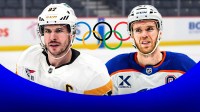 Sidney Crosby and Connor McDavid with Olympic rings between