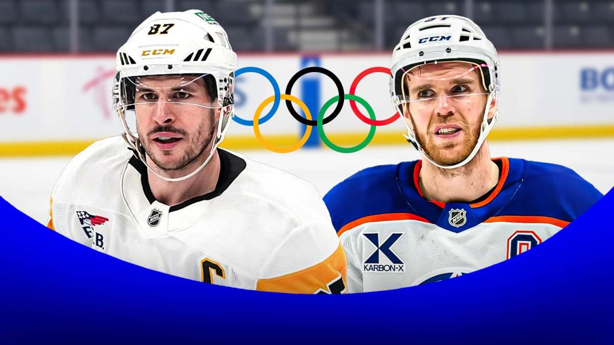 Sidney Crosby and Connor McDavid with Olympic rings between