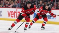 New Jersey Devils defenseman Simon Nemec (17) skates with the puck against the Columbus Blue Jackets during the second period at Prudential Center.