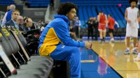 UCLA Bruins guard Skyy Clark (55) looks on from the court prior to the game against the Maryland Terrapins at Pauley Pavilion presented by Wescom Financial.