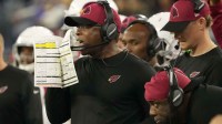Jan 17, 2022; Los Angeles, California, USA; Arizona Cardinals defensive coordinator Vance Joseph calls a play against the Los Angeles Rams during the fourth quarter of the NFC Wild Card playoff game. Nfc Wild Card Playoff Cardinals Vs Rams