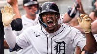 Detroit Tigers right fielder Wenceel Pérez (46) celebrates a two-run home run against Minnesota Twins with first baseman Spencer Torkelson (20) during the fifth inning at Comerica Park in Detroit in Friday, Aug. 4, 2025.