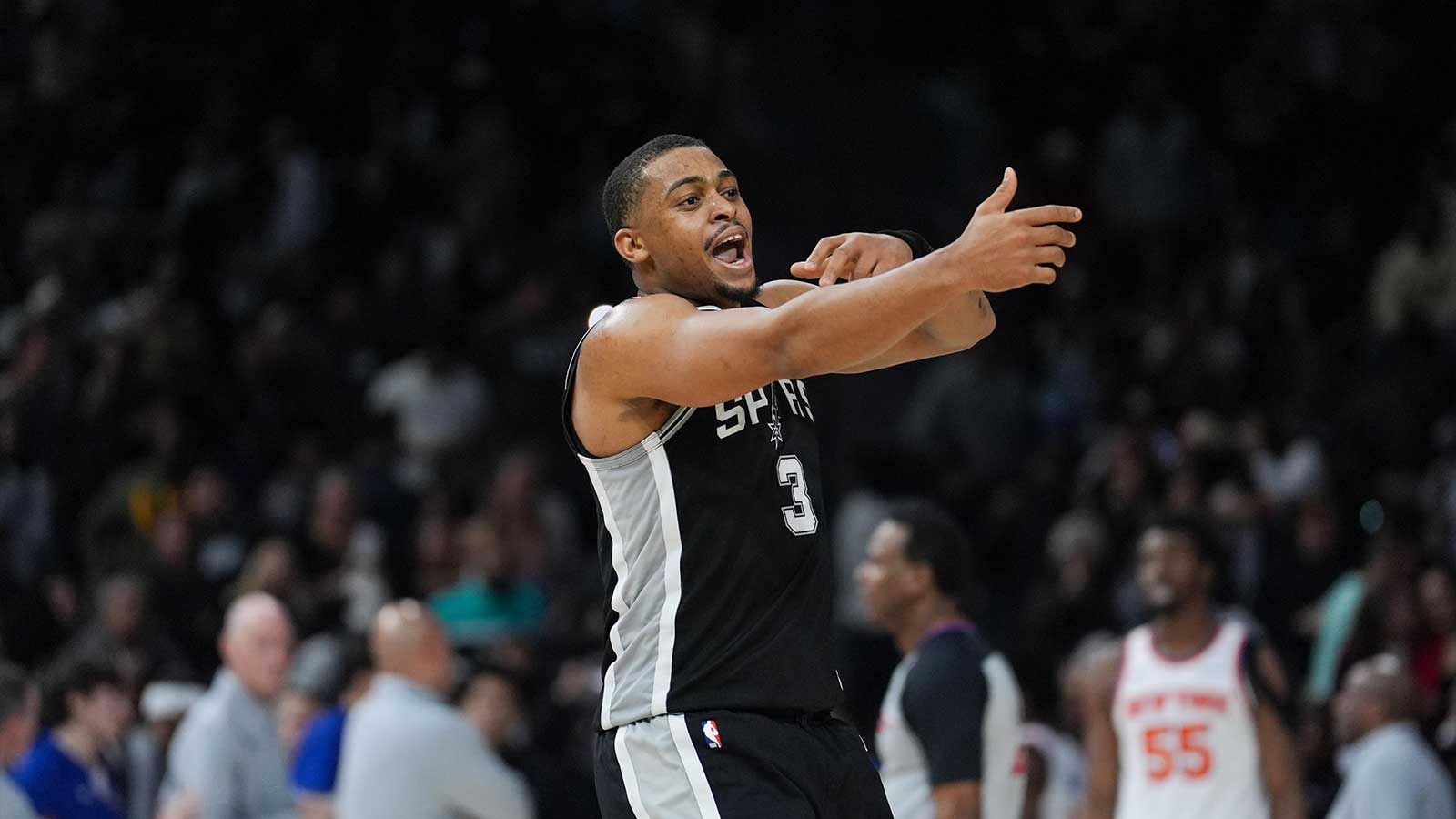 San Antonio Spurs forward Keldon Johnson (3) celebrates in the second half against the New York Knicks at Frost Bank Center. 