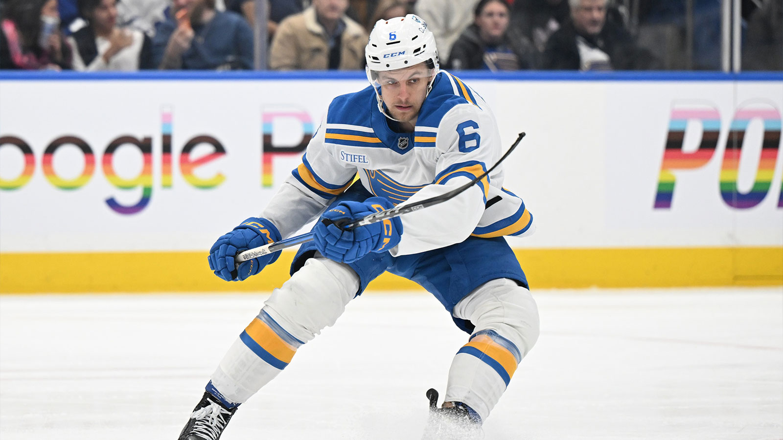 St. Louis Blues defenseman Philip Broberg (6) skates against the Toronto Maple Leafs in the third period at Scotiabank Arena.