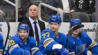 St. Louis Blues head coach Jim Montgomery looks on during the third period against the Vegas Golden Knights at Enterprise Center.