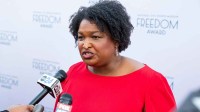 Stacey Abrams, a four-time New York Times bestselling author, entrepreneur, political leader, voting rights activist and 2023 Freedom Award honoree, speaks to the media on the Freedom Award red carpet prior to the award ceremony outside the Halloran Centre in Downtown Memphis, on Thursday, October 19, 2023.