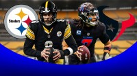 Steelers QB Aaron Rodgers (left) and Texans QB CJ Stroud (right). Pittsburgh Steelers and Houston Texans logos behind them with Acrisure Stadium in background