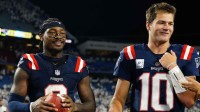 New England Patriots quarterback Drake Maye (10) and wide receiver Stefon Diggs (8) walks off the field against the Buffalo Bills after the game at Highmark Stadium. Mandatory Credit: Gregory Fisher-Imagn Images