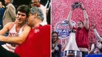 Indiana Hoosiers head coach Curt Cignetti holds up the trophy as confetti falls Friday, Jan. 9, 2026, after defeating the Oregon Ducks in the Peach Bowl and semifinal game of the College Football Playoff at Mercedes-Benz Stadium in Atlanta. March 30 1987: Indiana coach Bob Knight with Steve Alford during the NCAA National Basketball Championship in New Orleans LA Louisiana Superdome.
