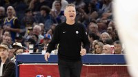 Golden State Warriors head coach Steve Kerr directs his players during the third quarter against the New York Knicks at Chase Center.