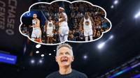 Golden State Warriors coach Steve Kerr having a vision about Jonathan Kuminga.