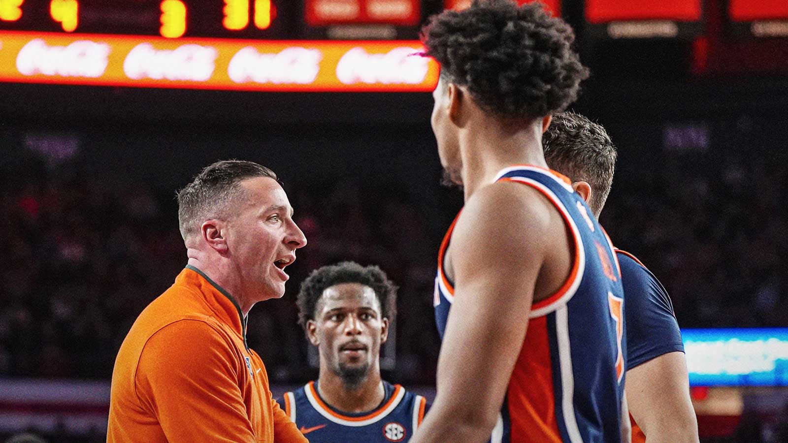 Auburn Tigers head coach Steven Pearl reacts with his players during the game against the Georgia Bulldogs during the first half at Stegeman Coliseum.