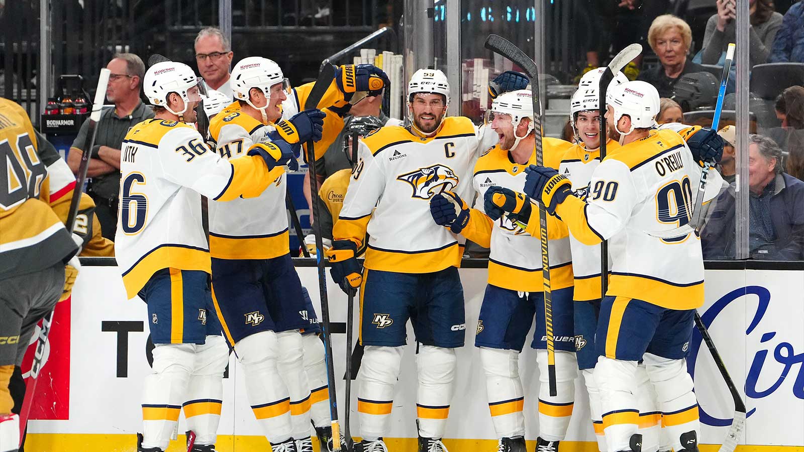 Nashville Predators center Steven Stamkos (91) celebrates with team mates after scoring a goal against the Vegas Golden Knights during the first period at T-Mobile Arena. The goal was the 600th of his NHL career.