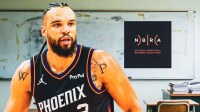 Dillon Brooks in a Phoenix Suns jersey, with a background of a classroom and a white board that has the NBA referee logo on it.