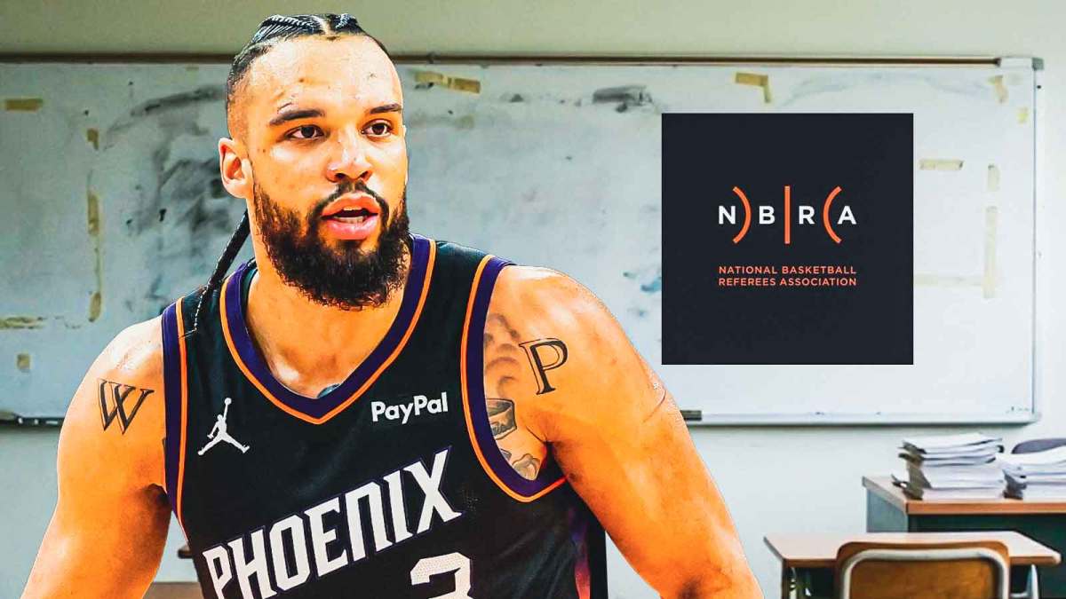 Dillon Brooks in a Phoenix Suns jersey, with a background of a classroom and a white board that has the NBA referee logo on it.