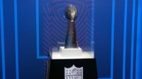 A Super Bowl Vince Lombardi Trophy at the 2025 NFL Scouting Combine Experience at Lucas Oil Stadium.