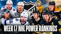 Nikita Kucherov, Jake Guentzel, Darren Raddysh and Andrei Vasilevskiy on one side, David Pastrnak, Morgan Geekie, Charlie McAvoy and Jeremy Swayman on other side, NHL logo in middle, some snow if possible, hockey rink in background, Text: Week 17 NHL Power Rankings