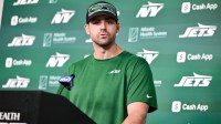 New York Jets offensive coordinator Tanner Engstrand speaks at a press conference during minicamp at Atlantic Health Jets Training Center.