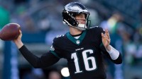 Philadelphia Eagles quarterback Tanner McKee (16) warms up before a game against the New York Giants at Lincoln Financial Field.